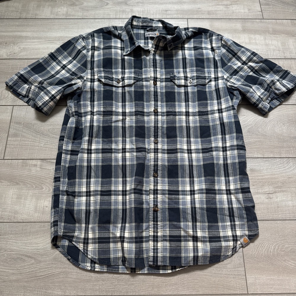 Carhartt‎ Mens Shirt L Button Up Relaxed Fit Plaid Short Sleeve Blue Workwear